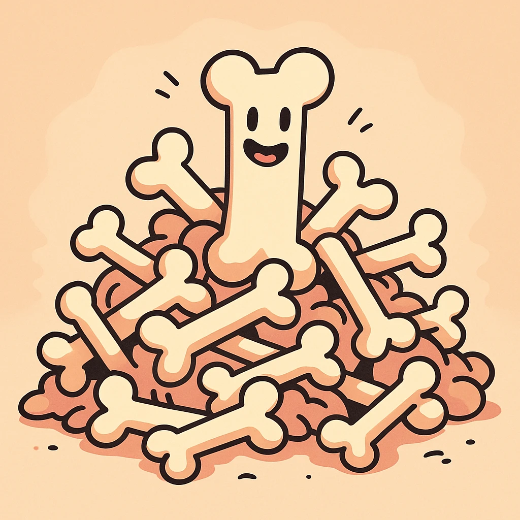 a pile of cartoon bones, fun and lighthearted, colorful and playful emoji