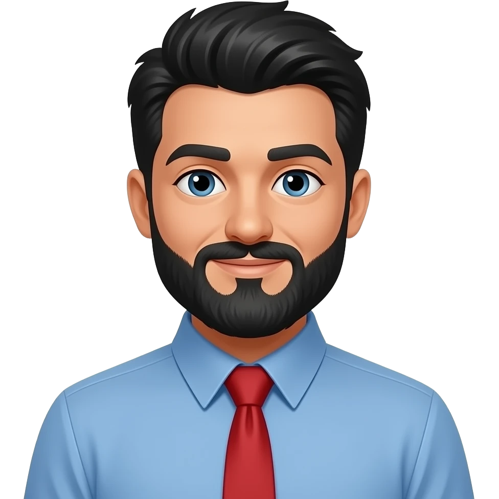 man with beared and black hairs wear a blue shirt and vibrant red tie emoji