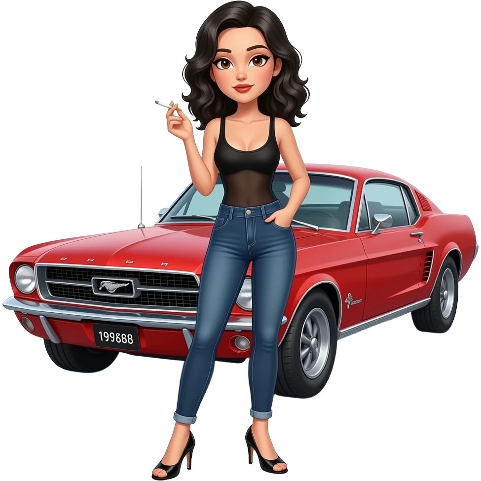 Pale girl with black wavy hair and brown eyes backed against a red ford mustang 1968 coupe. Girl wearing a sheer black sleeveless top, low rounded neckline, jeans and heels with visible toes. smoking cigarette. emoji
