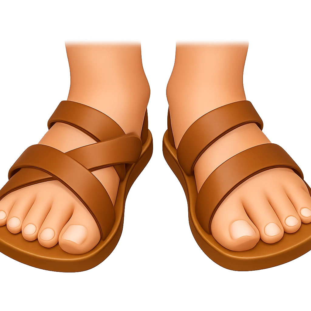 Front view of feet in light brown biblical sandals, emoji style, transparent background. emoji