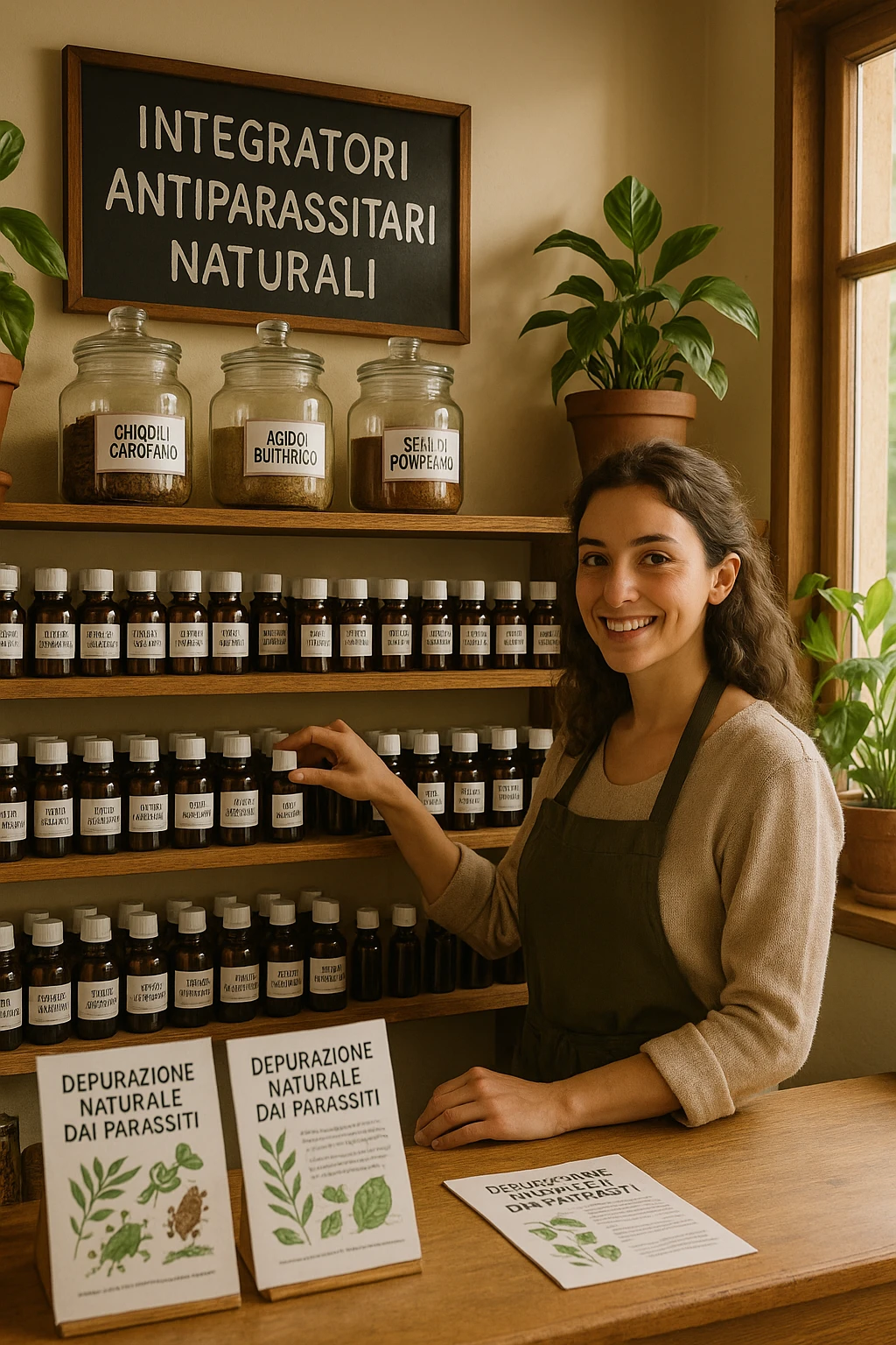 A realistic, well-lit herbal supplement store interior with wooden shelves neatly displaying glass jars and bottles labeled as ‘Chiodi di Garofano’, ‘Acido Butirrico’, and ‘Semi di Pompelmo’, organized in a clean and aesthetic manner. Small handwritten chalkboard signs indicate ‘Natural Antiparasitic Supplements’ above the section. The environment feels warm and trustworthy, with potted green plants adding freshness and a subtle sunlight entering through a window. A young shop assistant with a welcoming smile arranges the products, while informational leaflets about natural parasite cleansing are visible on a wooden counter, creating a holistic and health-conscious atmosphere in Italiano emoji