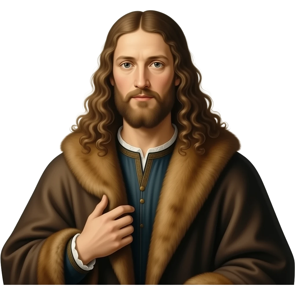 aesthetic divine lighting, oil paint - en face Albrecht Dürer Renaissance self-portrait with long curly hair in a cloak with a fur collar, in Renaissance dress, holding the fur collar with his left hand - contemporary representations of Christ emoji