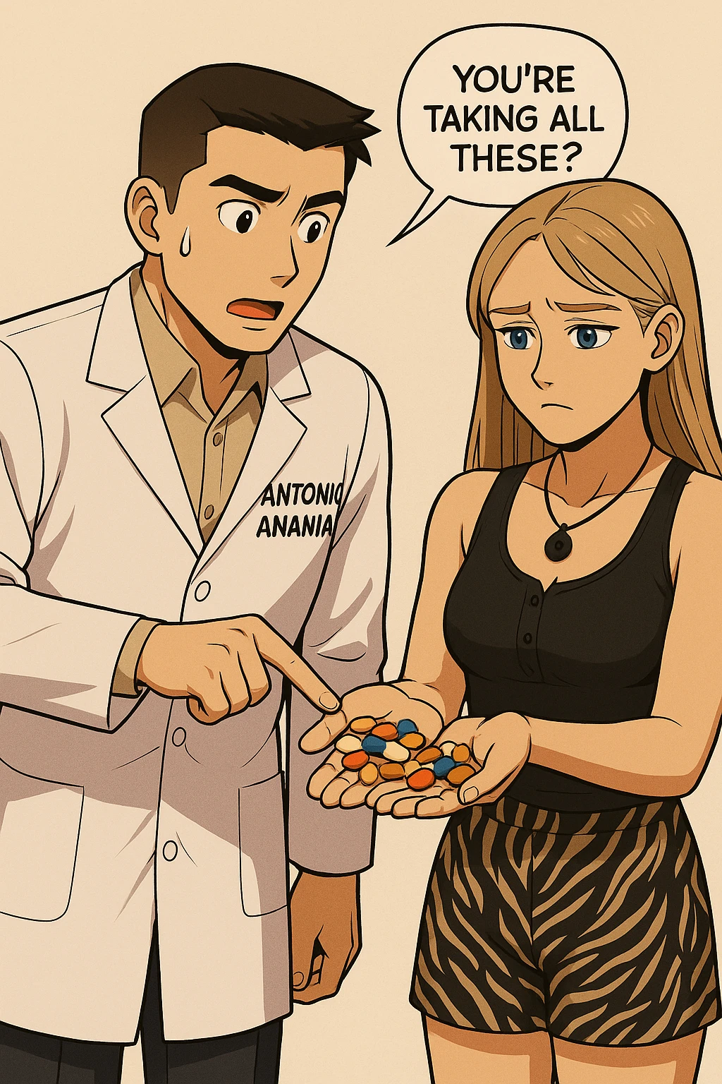 fai un webtoon/manga a colori con questo kinesiologo in camice bianco (fagli la scritta "ANTONIO ANANIA" SUL CAMICE) CHE PARLA CON QUESTA RAGAZZA CON GLI OCCHI AZZURRI. LA RAGAZZA HA UN PUGNO DI INTEGRATORI IN MANO (TANTE PILLOLE DIVERSE) E LE GUARDA DUBBIOSA. IL KINESIOLOGO CON IL CAMICE BIANCO LE TOCCA LA PANCIA CON UN DITO. NON FARE I FUMETTI, FAI SOLO LORO COME SE DIALOGASSERO emoji