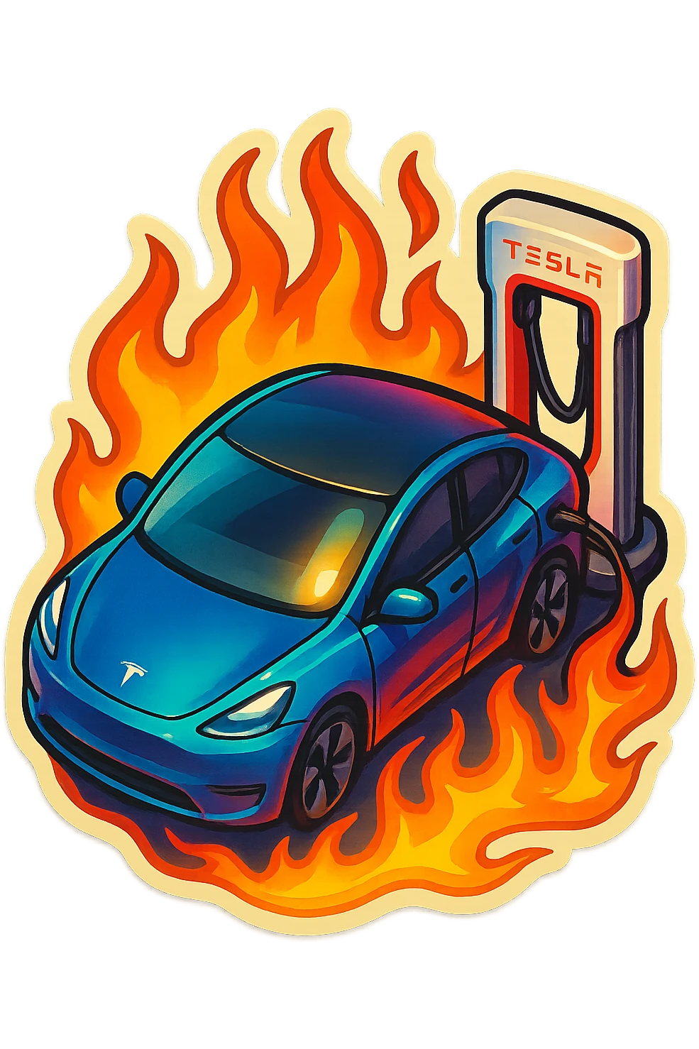 A Tesla Model Y parking at a supercharger, from above, with fire around emoji
