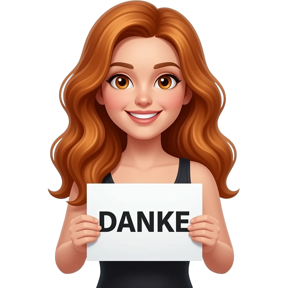 sexy girl with long wavy ginger hair and ginger eyes wearing a black tanktop is holding a white colored sign with DANKE written on it emoji