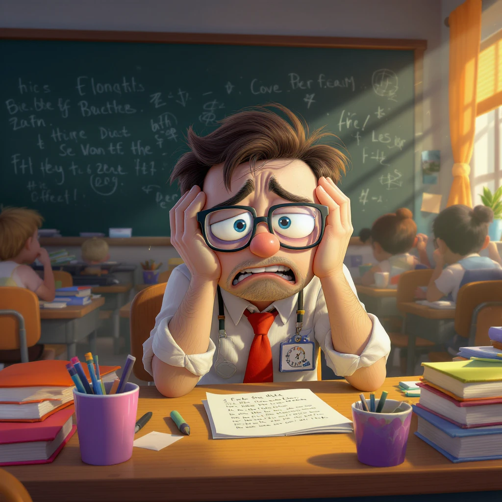 digital 2d cartoon art of a exhausted teacher in a bustling classroom emoji