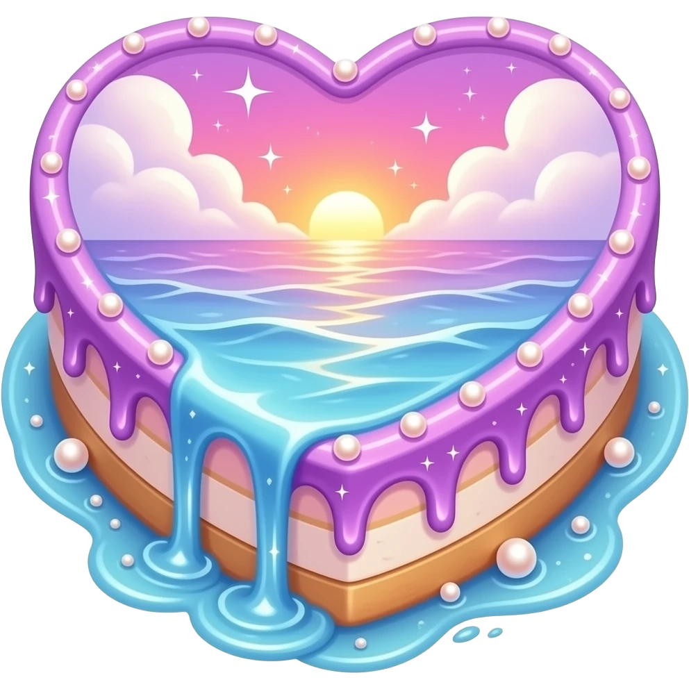 A starry beautiful heart cake with pearls and ocean water washing up as icing on the cake with clouds and a sunset and the majority of the cake is pink purple and blue with a hint of orange emoji