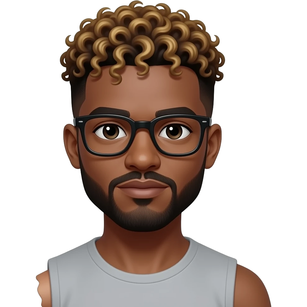 African American man with a thin black disconnect goatee with a mid top curly fade with gold dyed curly top hairstyle with a Symbrachydactyly right arm and a missing left arm wearing black glasses emoji