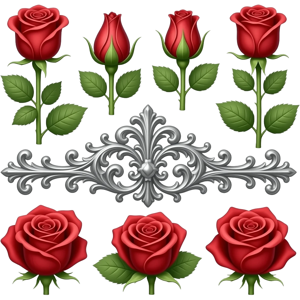 Create a beautiful and elegant horizontal decorative line in metallic antique silver with ornamental flourishes in a Gothic and Baroque style, also in metallic silver, featuring green foliage with red roses of varying sizes. The background is white. Illustration style: cartoon – Art Deco – 2D emoji