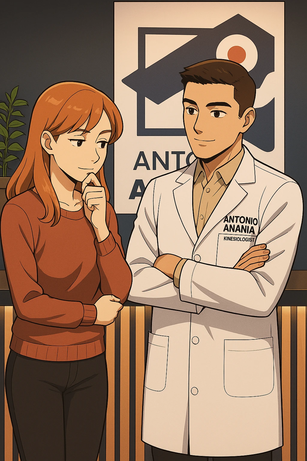 su questo stile fai un manga/webtoon a colori in cui una donna SI TOCCA IL MENTO CON L'INDICE MENTRE ASCOLTA PENSIEROSA L'UOMO, l'uomo della foto in stile manga LE SPIEGA CHE DEVE PROVARE LA SUA VALUTAZIONE MEDICA, mantieni un ambiente simile alla foto che ho allegato con il suo logo (sarebbe il suo studio, lui è un kinesiologo), scrivigli "ANTONIO ANANIA" sul camice bianco, non mettere fumetti, ma fai in modo che sembri che la donna ASCOLTI l'uomo emoji
