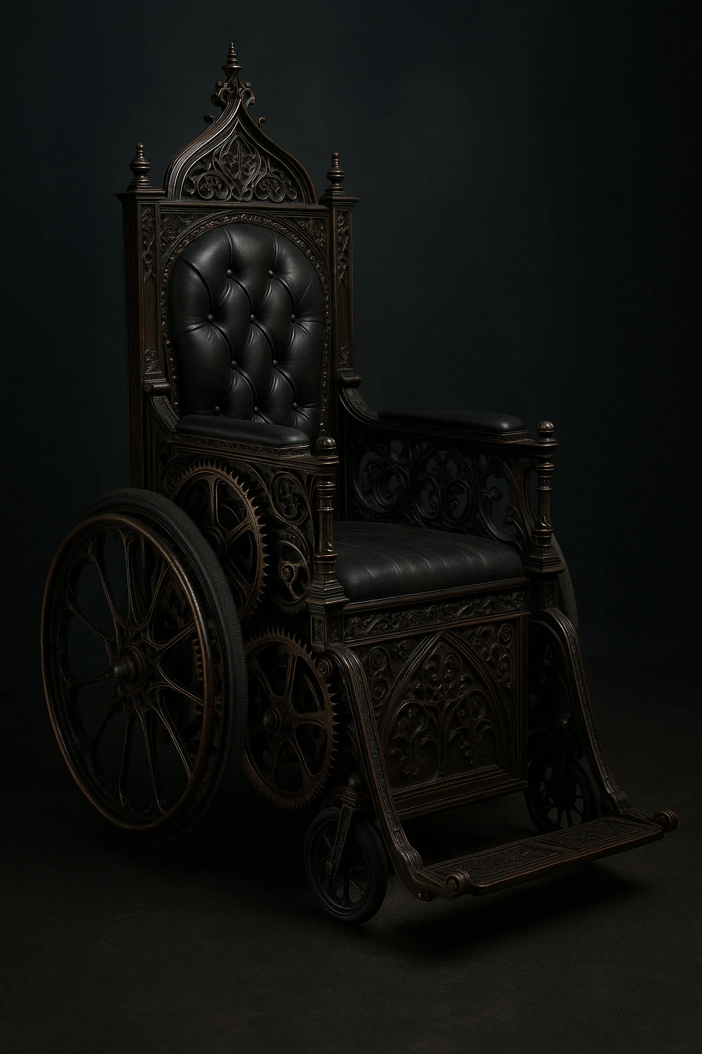 gothic steampunk wheelchair, Victorian gothic motifs, exposed gears, dark wood, elegant and mysterious emoji