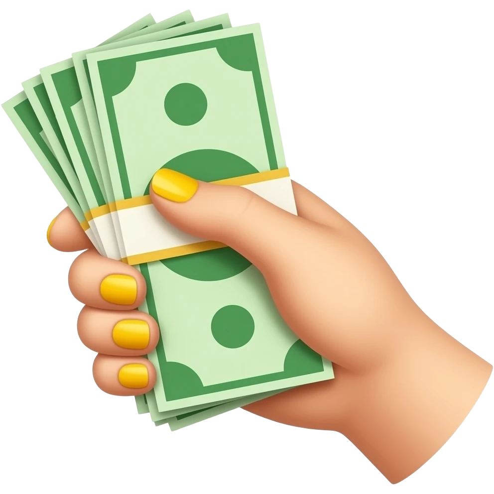 A pale hand with yellow nail polish, holding cash emoji
