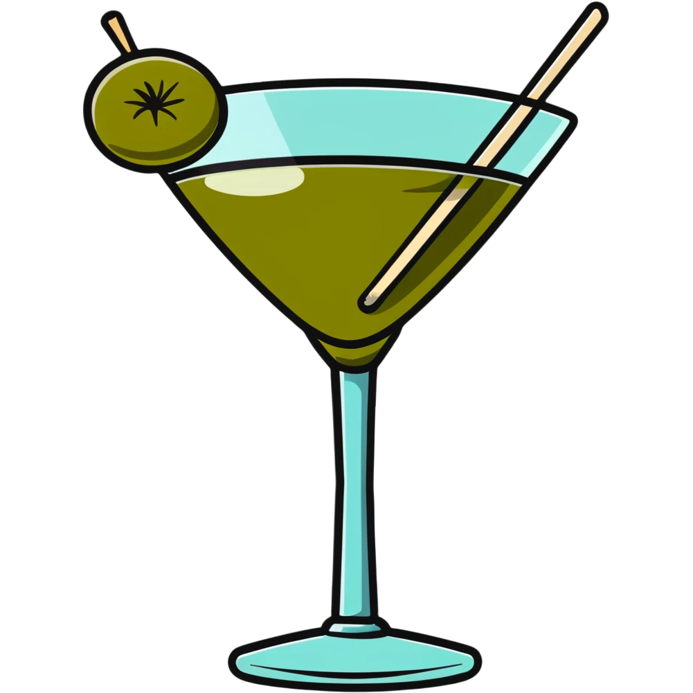 martini glass with clear liquid and an olive at the bottom skewered by a toothpick emoji