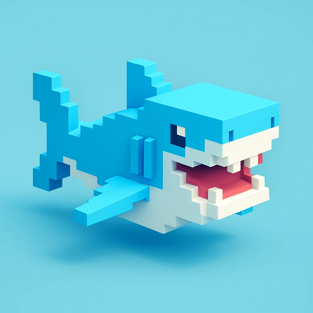 voxel style shark, swimming, blocky, light blue and white, simple background emoji