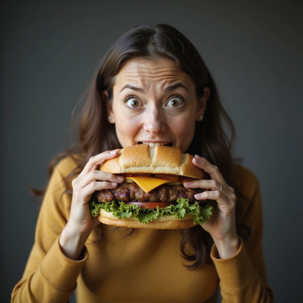 hyperrealistic image of a woman with wide eyes and an impatient gesture trying to eat a giant sandwich, uncontrollable hunger, white background, variation 6 emoji