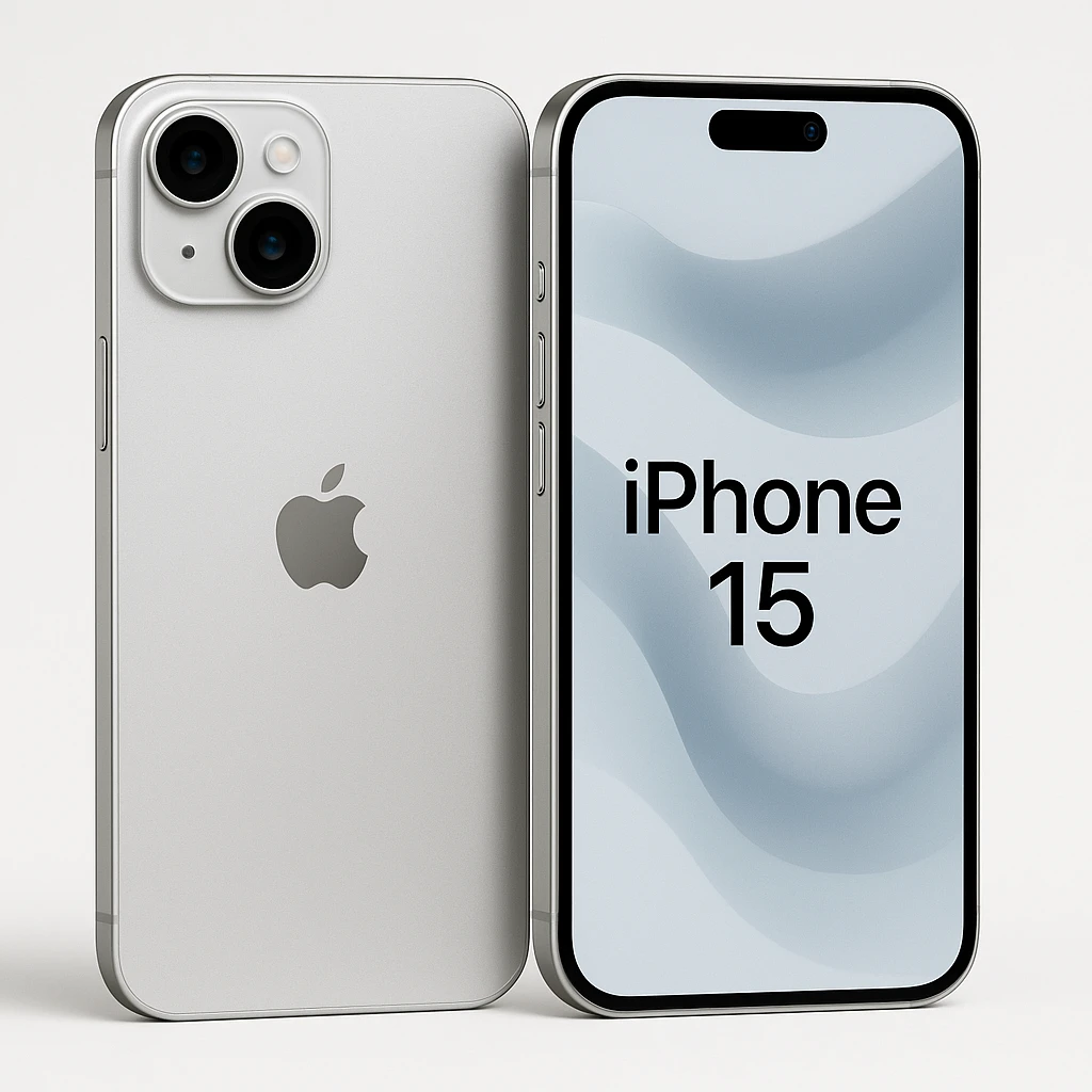 realistic detailed modern silver iPhone 15 on white background emoji