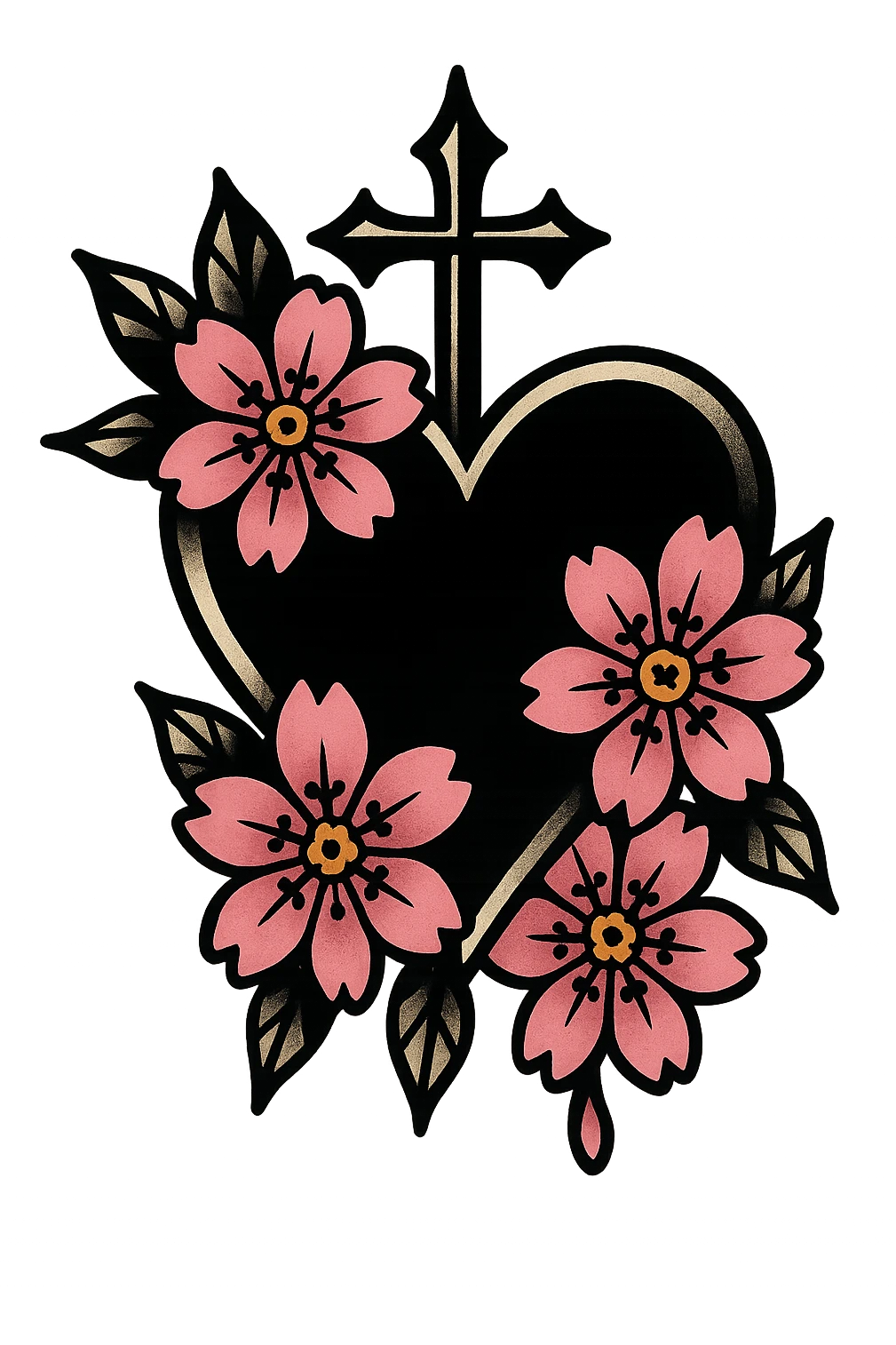 goth sakura heart, tattoo flash, bold black lines, pink sakura, classic tattoo style emoji