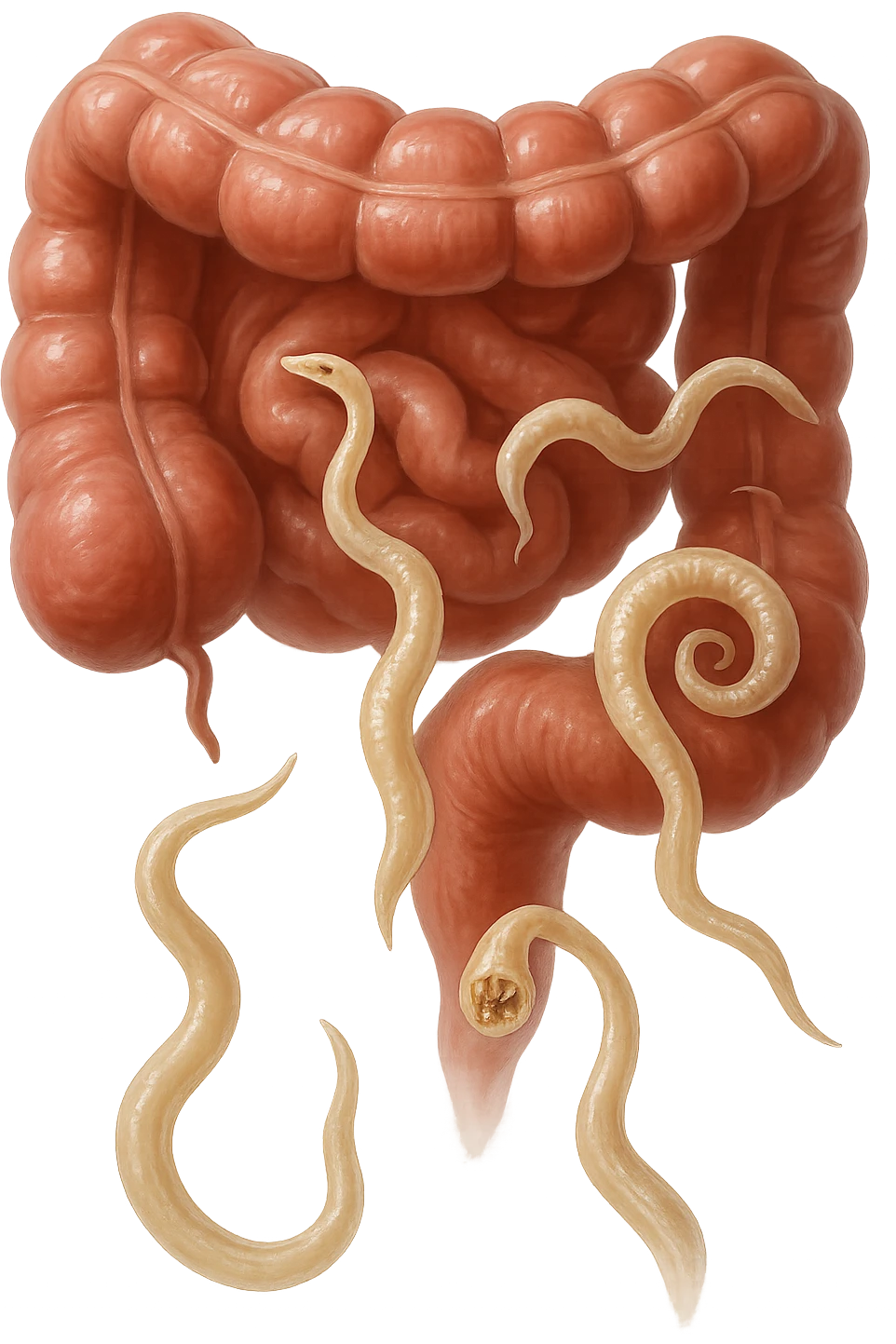 Realistic medical image of microscopic parasites leaving the intestines after taking natural kinesiological drops, symbolizing detox and cleansing. emoji