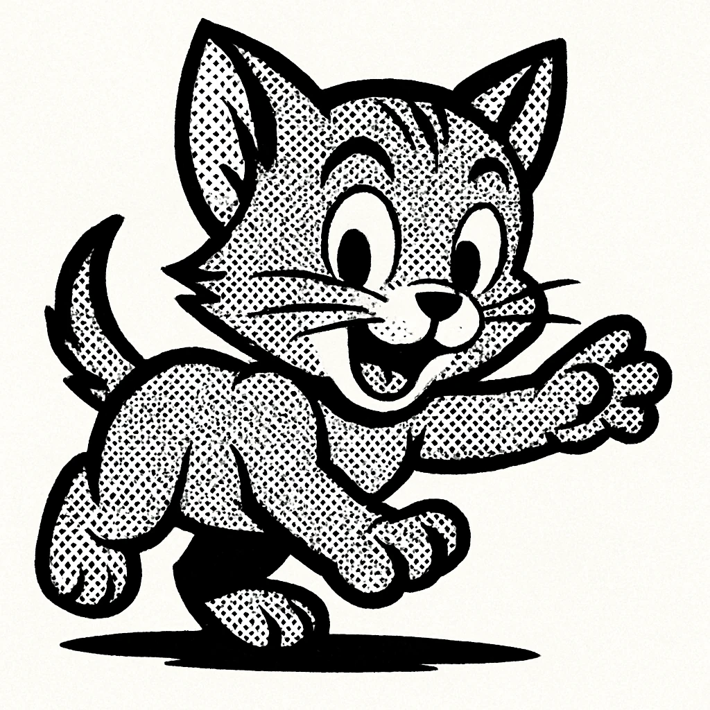 baby cat in 1999 comic book style, halftone texture, expressive face, dynamic pose emoji