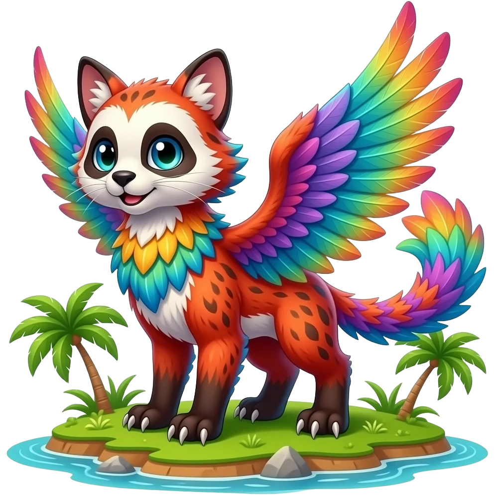 Colorful tropical exotic cute beaked beaky cool beautiful shiny beautiful fantasy-Gryphon-caracal-Cacomistle-Trico-Red-Panda-oncilla-animal-Fakémon-hybrid-fursona (full body) emoji