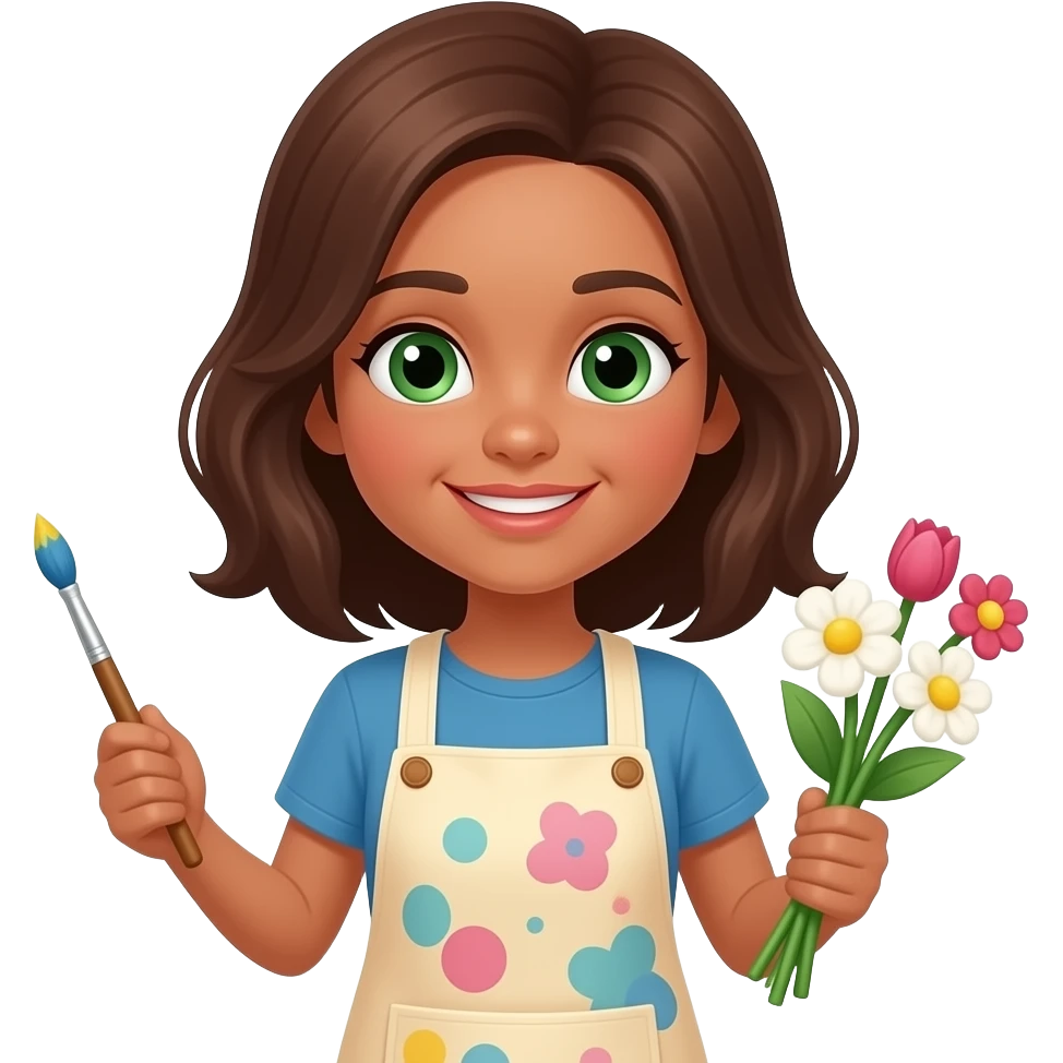 light-skinned-girl-with-brown-hair-and-green-eyes-in-apron-with-paint-holding-flowers-upper-body emoji