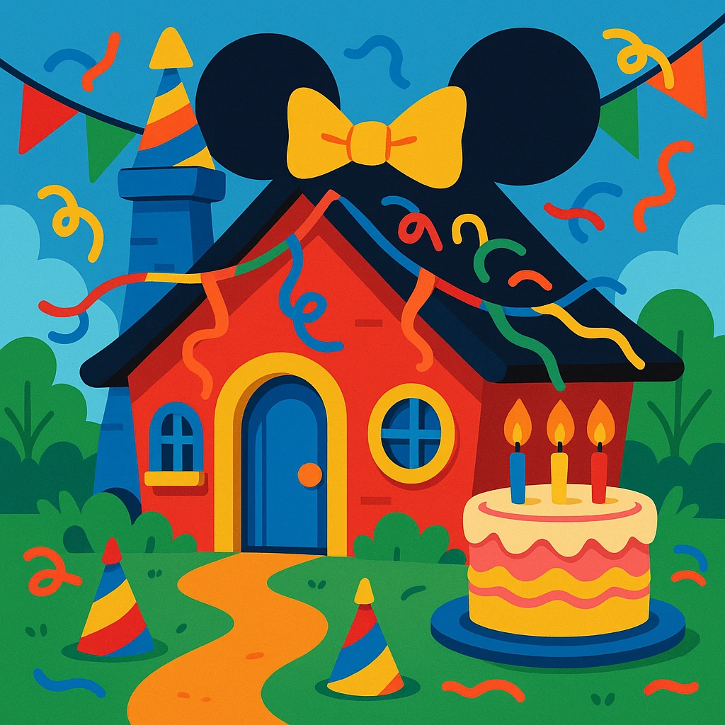 Whimsical Mickey Mouse house for a birthday, with cake, streamers, and party hats emoji