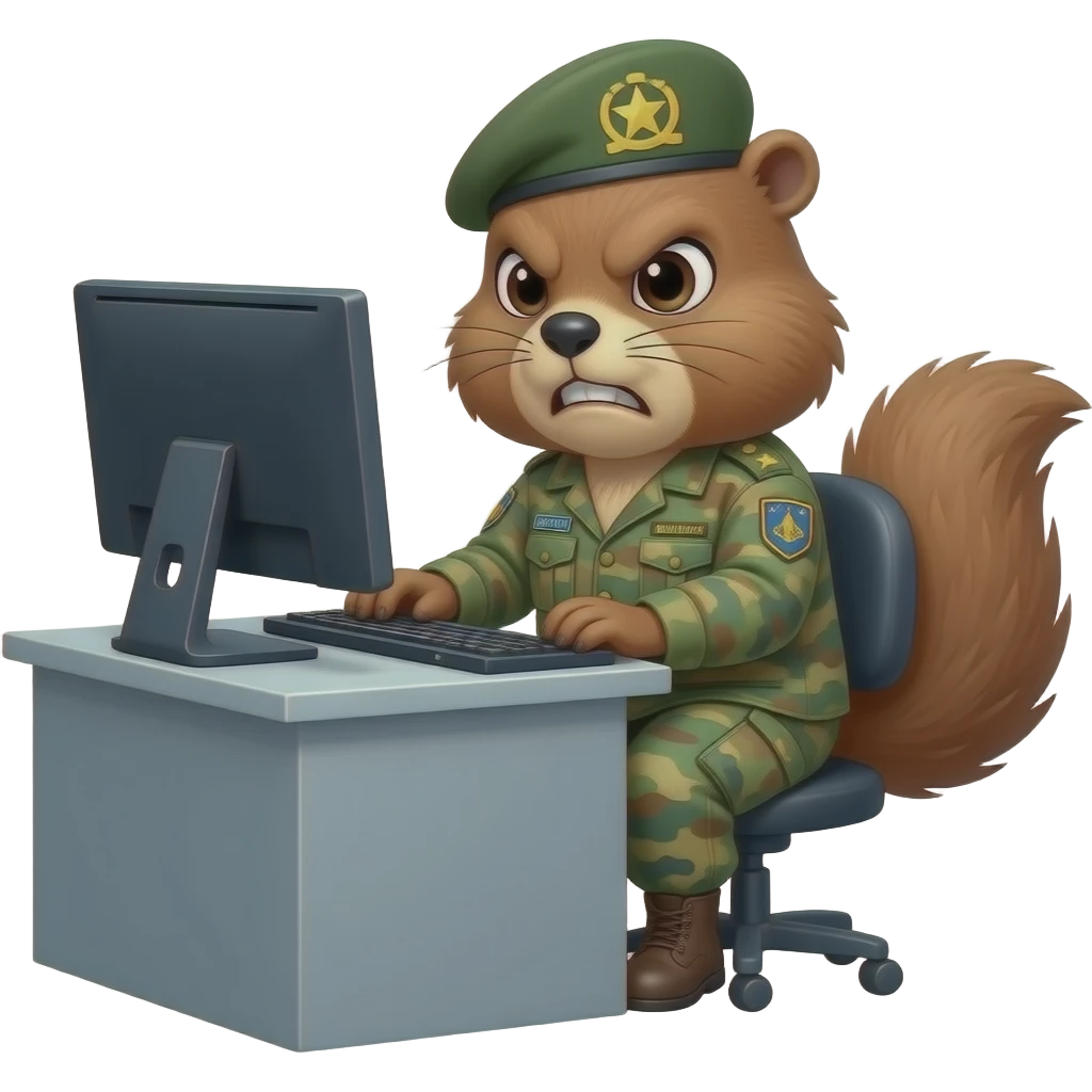 Marmotte enragé en tenu militaire travaillant devant ordinateur emoji