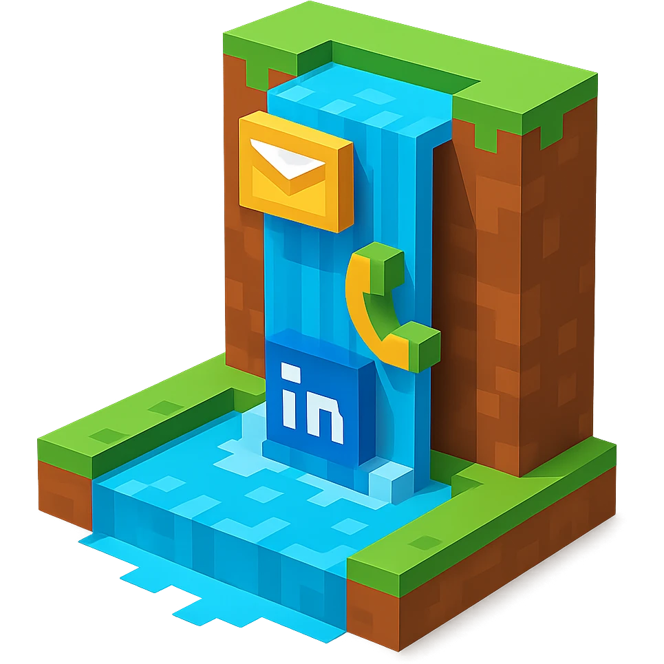 waterfall where instead of water icons of email envelope, phone headset and linkedin logo is falling emoji