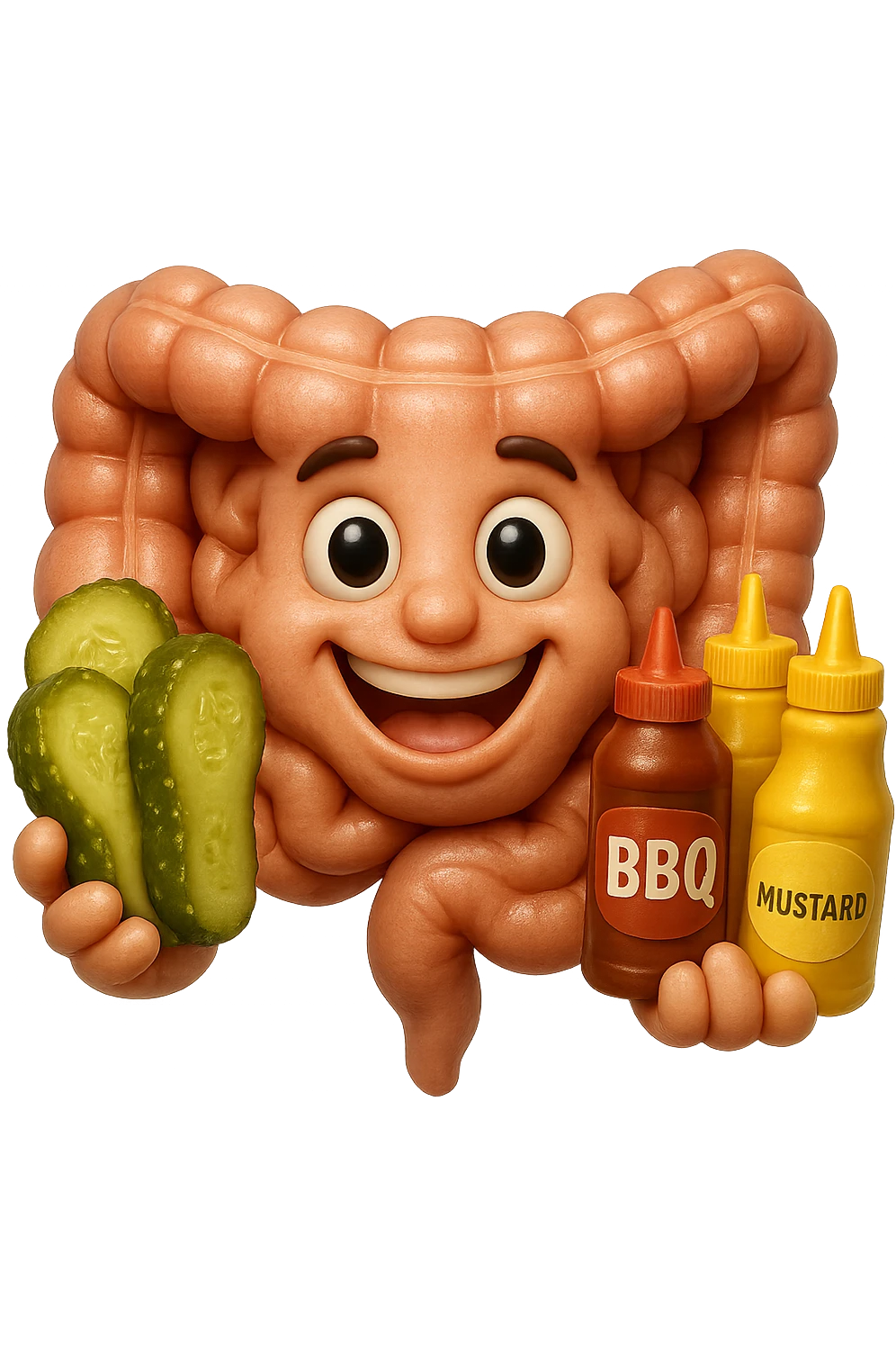 emoji stile iphone di intestino umano con espressione felice mentre tiene in mano cetriolini sottaceto, maionese, salsa barbecue, salsa, senape realistica
IPERREALISTICO 4K emoji
