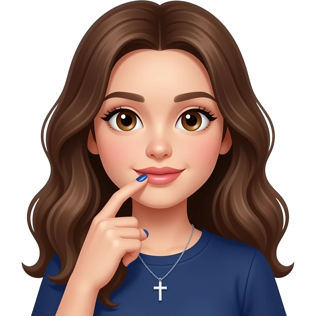 Pretty girl with fair skin, brown eyes, and long lashes She has soft wavy brown hair and nude glossy lips with a natural look She’s wearing a navy blue cute shirt a cross necklace Her bluenavy and white nails and she’s lightly biting her finger in a flirty pose with the apple a like emoji design emoji