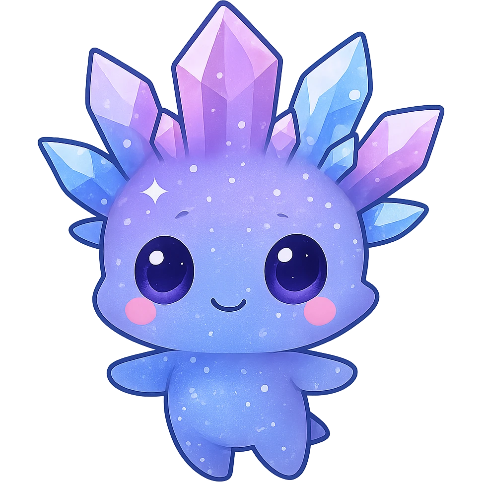 Create a kawaii chibi crystal sprite creature floating, colored purple, blue, and pink. The creature should be cute and sparkly with a small body. Remove the background. emoji