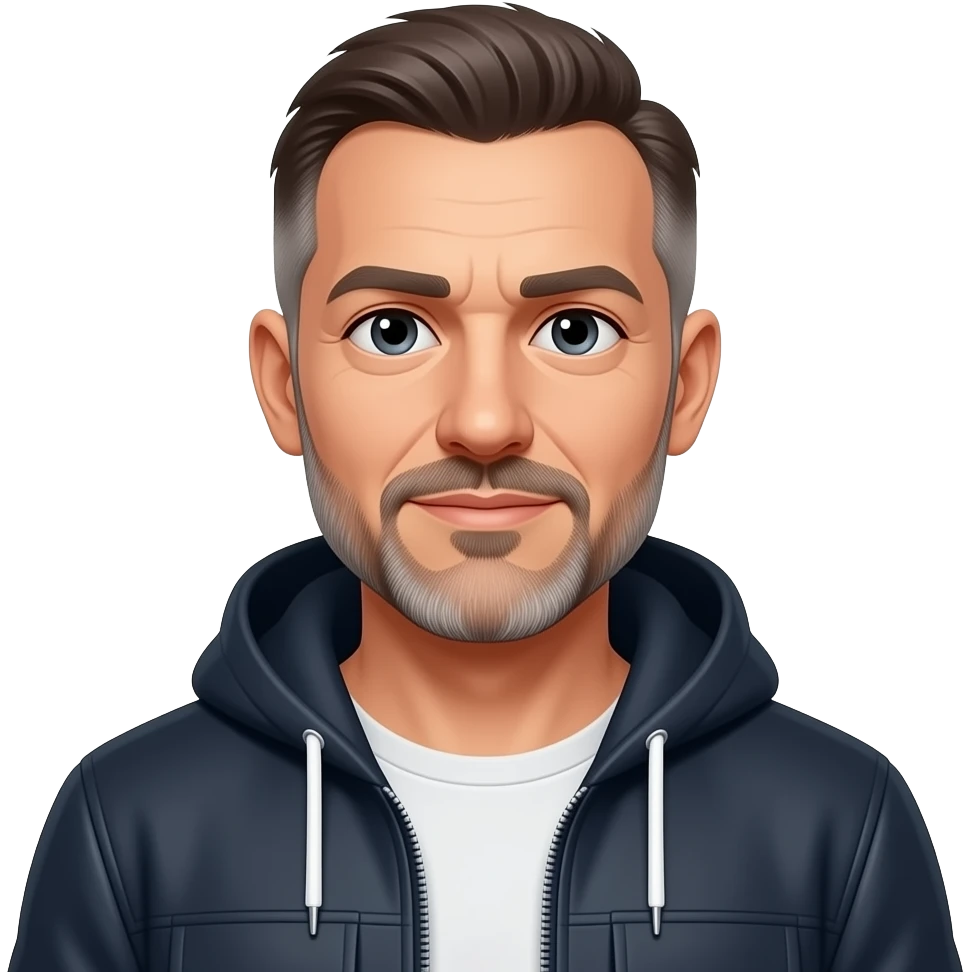 very entellectual man, 55 years old, street wear stubble, shaved short with clippers, but not bald emoji