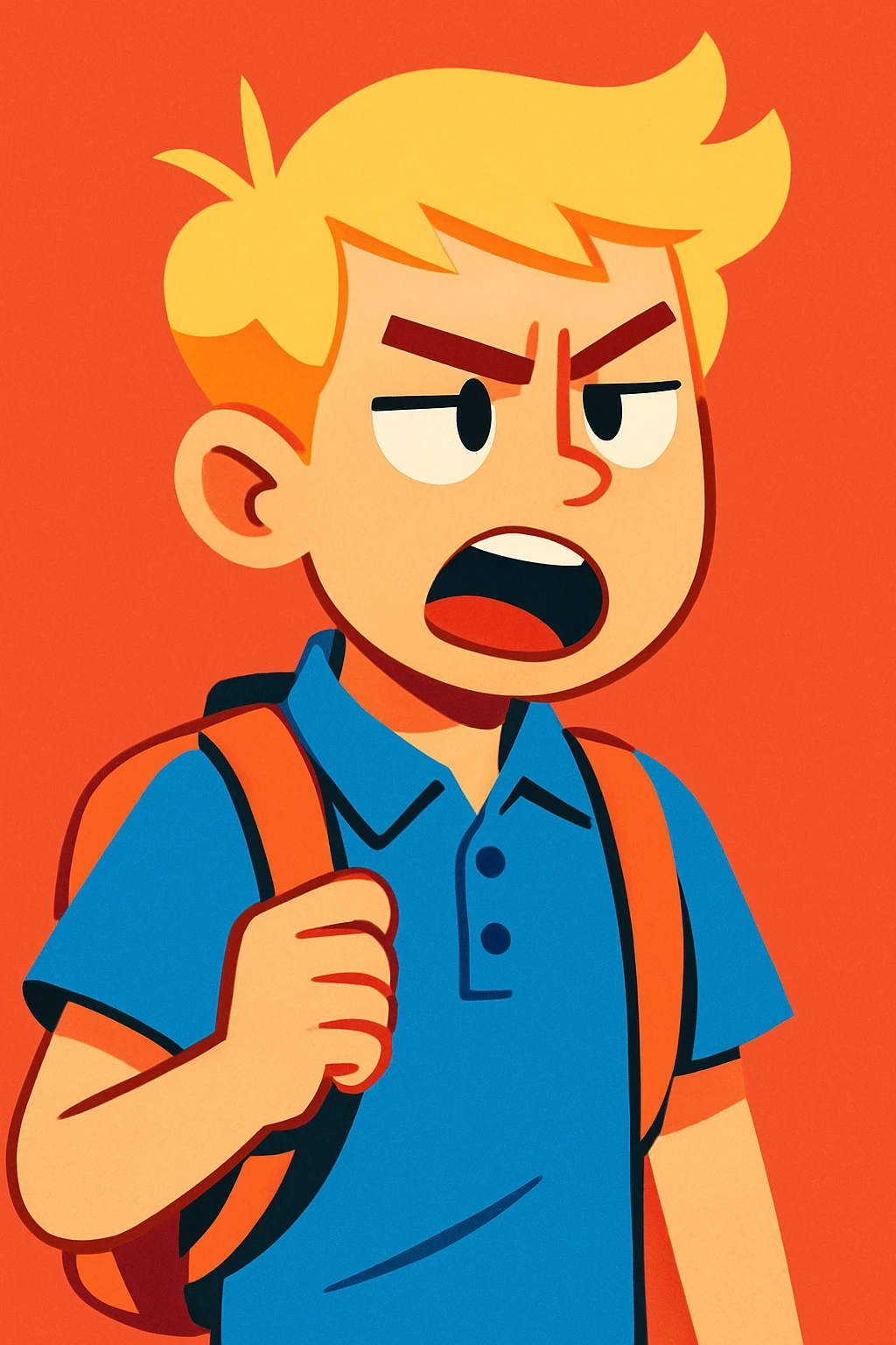 school student boy with light hair, irritated and disliking something, mouth open as if saying something, modern illustration style emoji