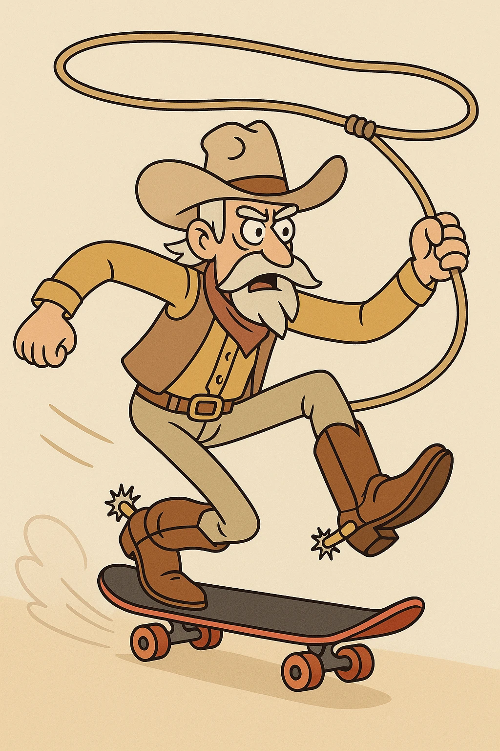 grizzled old cowboy on skateboard, lasso in hand, boots and spurs, energetic action emoji