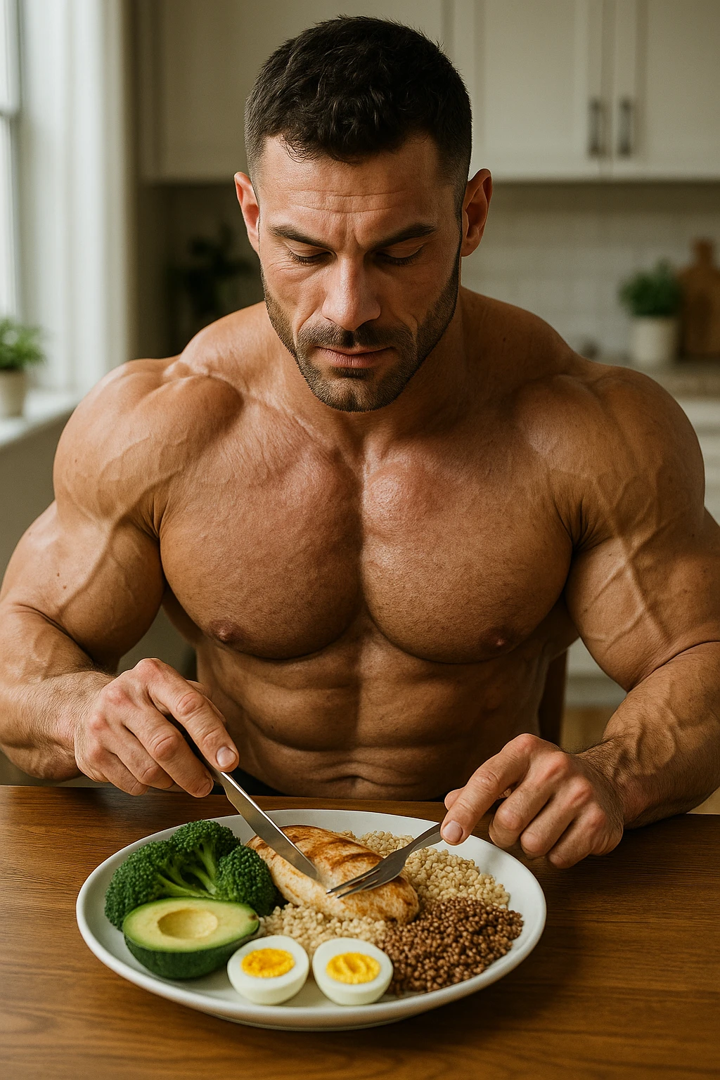 realistic scene of a bodybuilder at table consuming a balanced meal for muscle growth, typical foods for hypertrophy diet, sculpted physique, 2:3 aspect ratio emoji