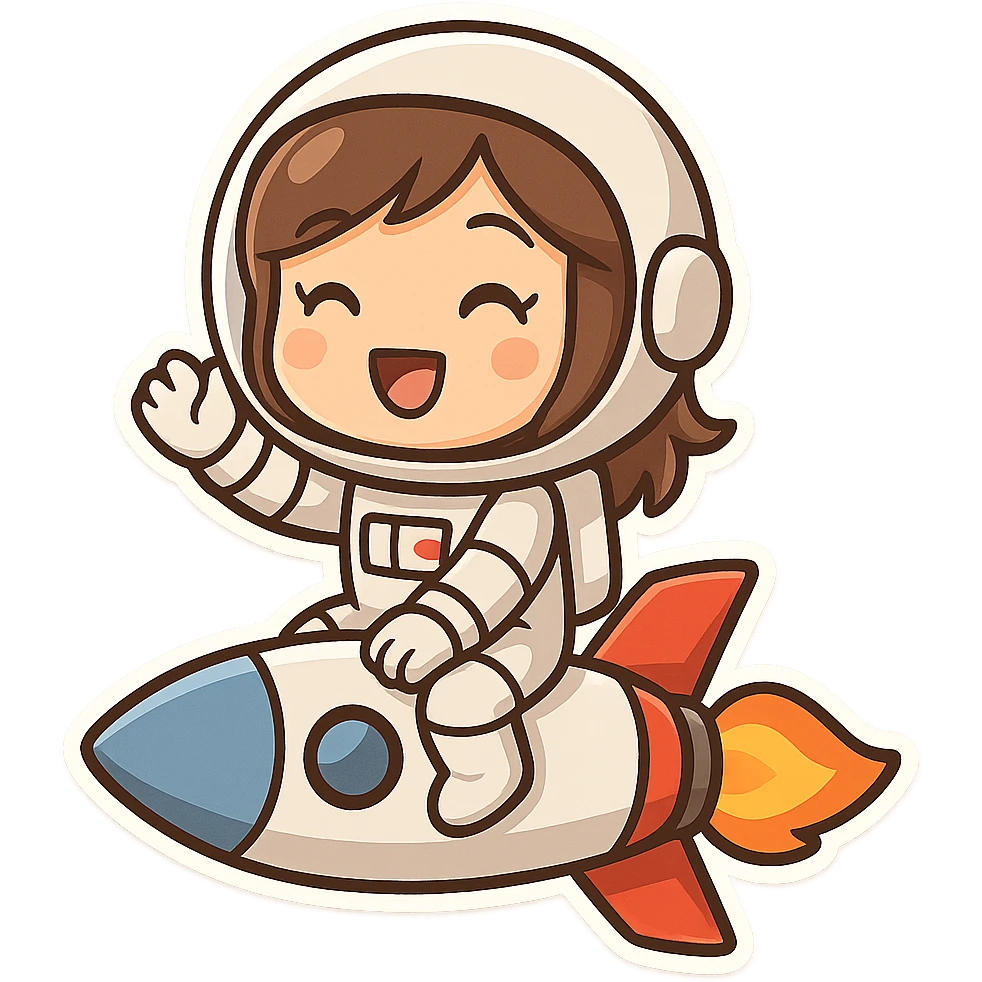 rocket emoji with a woman astronaut sitting on the rocket, cheerful expression, cartoon style emoji