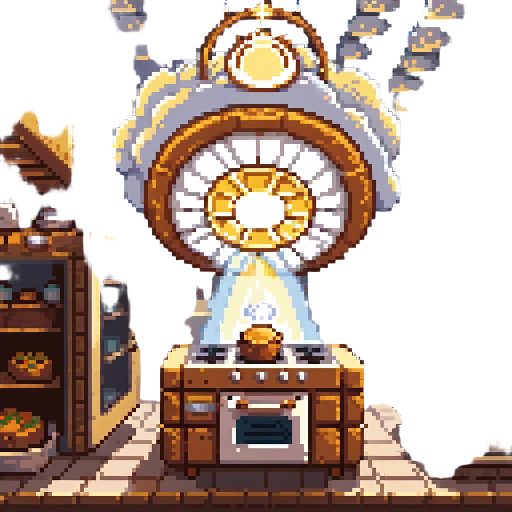 A divine baker surrounded by floating utensils, radiant ingredients, and a halo of light. The oven levitates, powered by pure energy. UI resembles clouds, golden rays, and ethereal scrolls—like a heavenly recipe interface. emoji