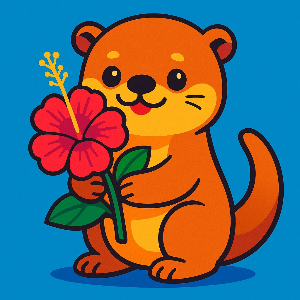 a cute otter holding a hibiscus flower, vibrant colors, cartoon style emoji