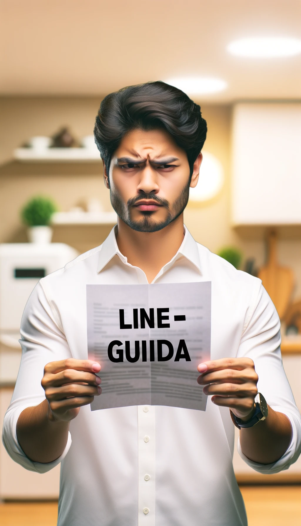UOMO che legge DUBBIOSO un foglio con la scritta "LINEE GUIDA" IN ITALIANO, sullo sfondo la sua cucina sfocata con toni chiari neutri, iperrealistico 4k emoji