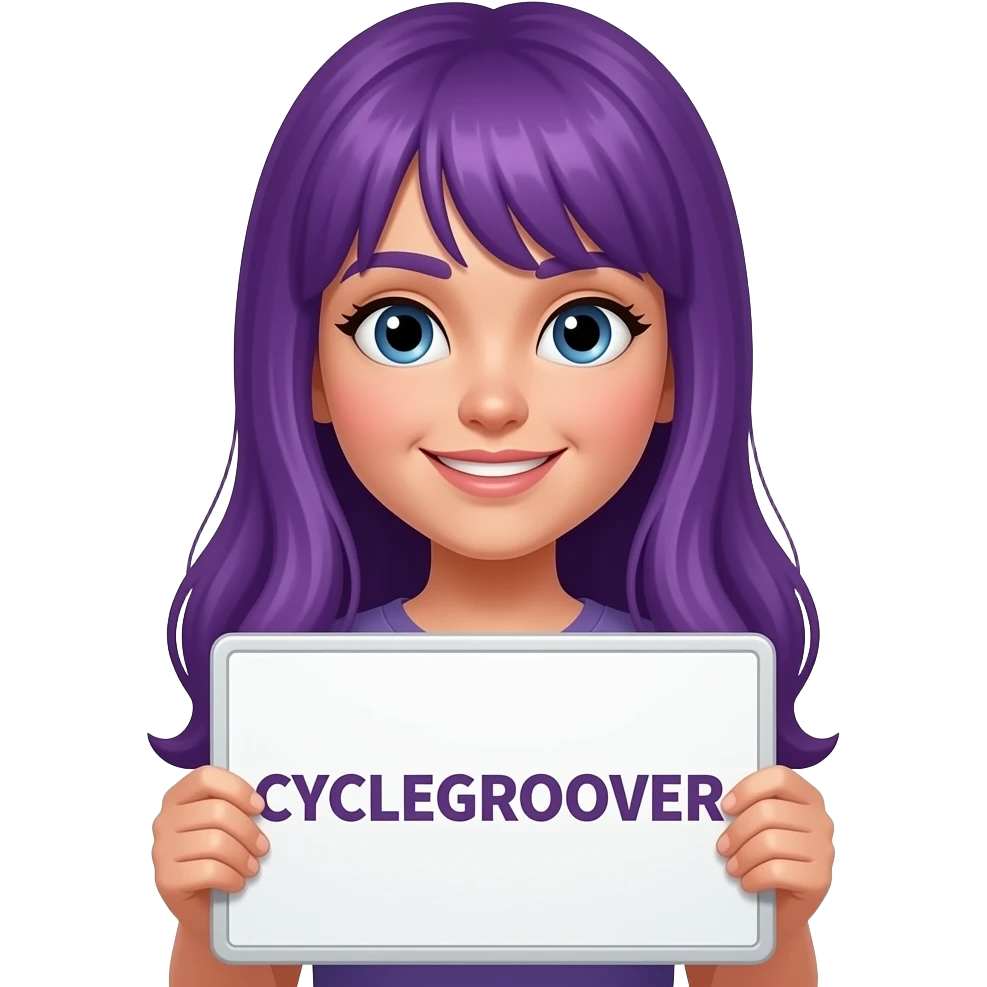 girl with long purple hair with a CYCLEGROOVER sign emoji