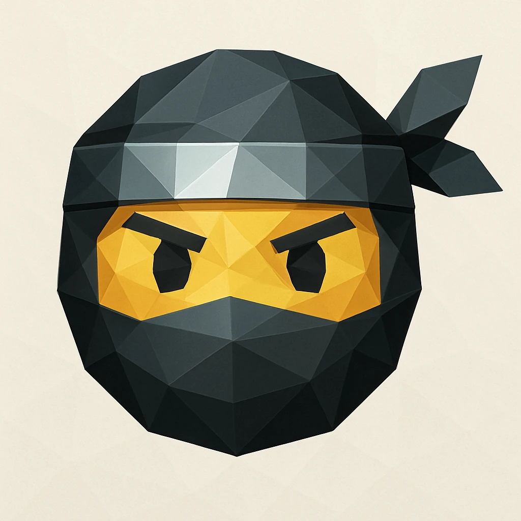 ninja emoji, masked face, headband with metallic sheen, low-poly geometric shapes, modern look, polygonal icon style emoji