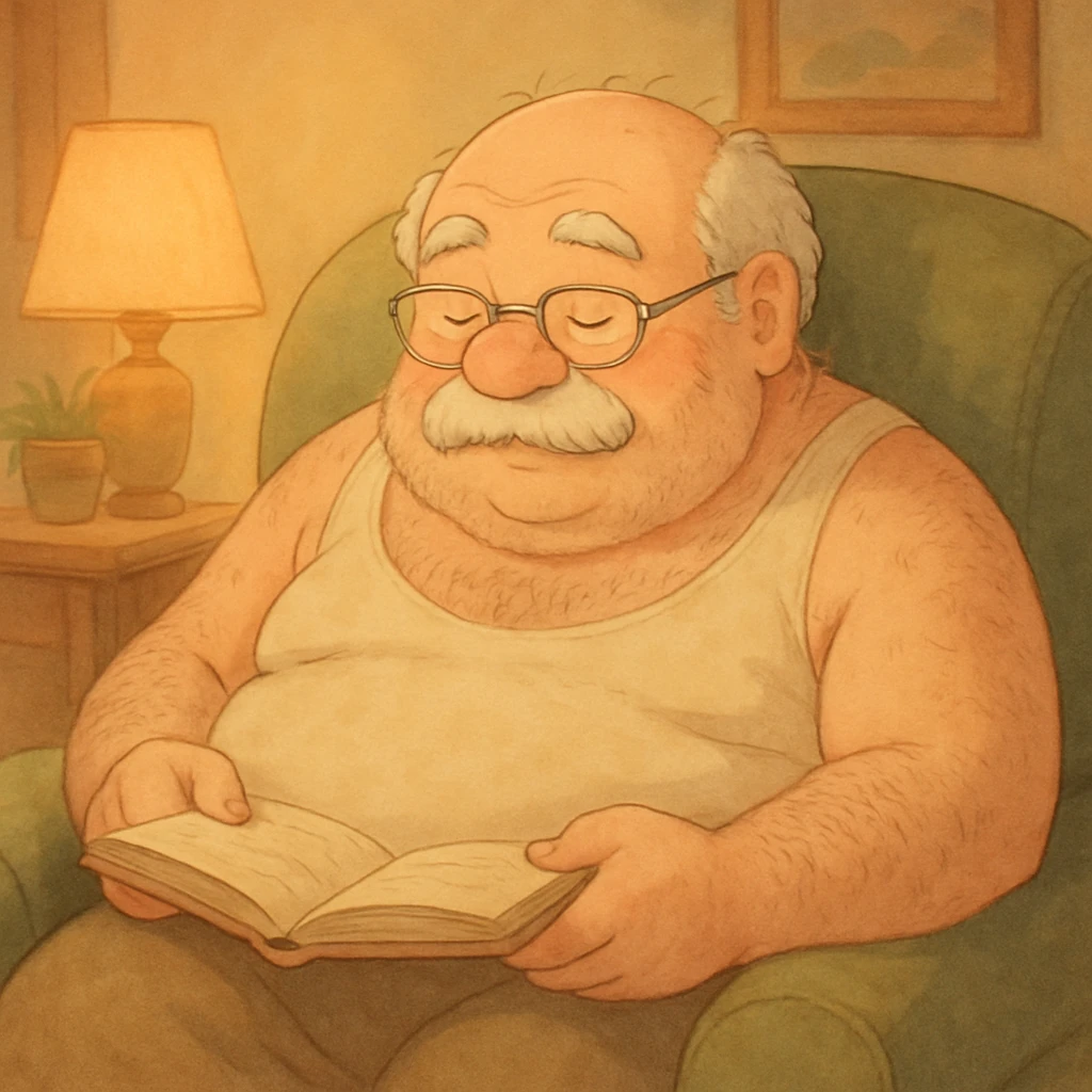 an elderly fat hairy grandpa, sitting in an armchair, reading glasses on, soft pastel ghibli-inspired style emoji