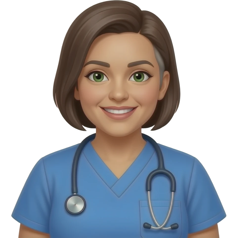 456yr female nurse instructor, dark green eyes, Hispanic, thin eyebrows, mid size lips, hair cut is short with one side shaved with the other short below the ear,, 180 pounds, smiling, small nose, wearing blue nurse scrubs, wears a stethoscope, brown hair with some minimal white showing emoji