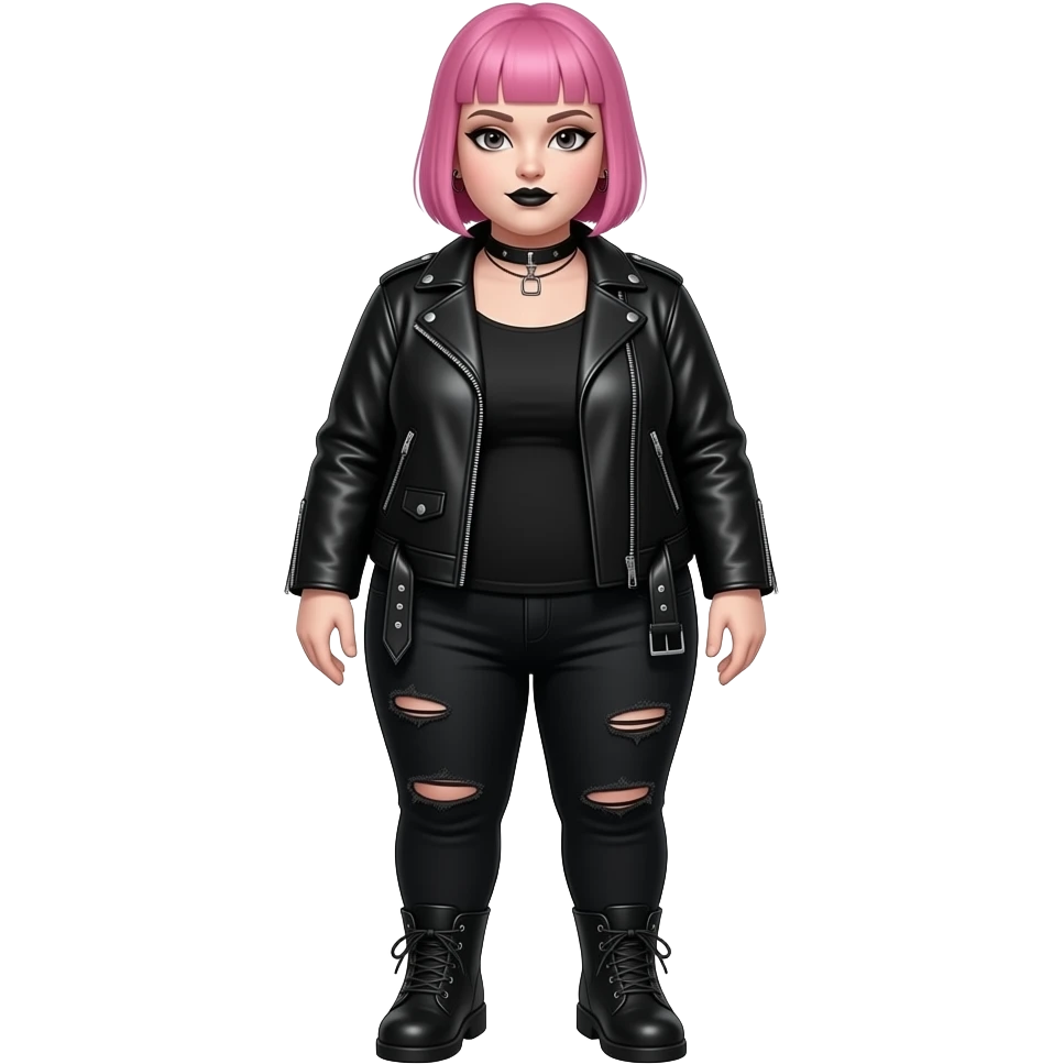Full body obese goth girl with ear rings nose ring, choker and short buzzcut pink hair show her from head to foot emoji
