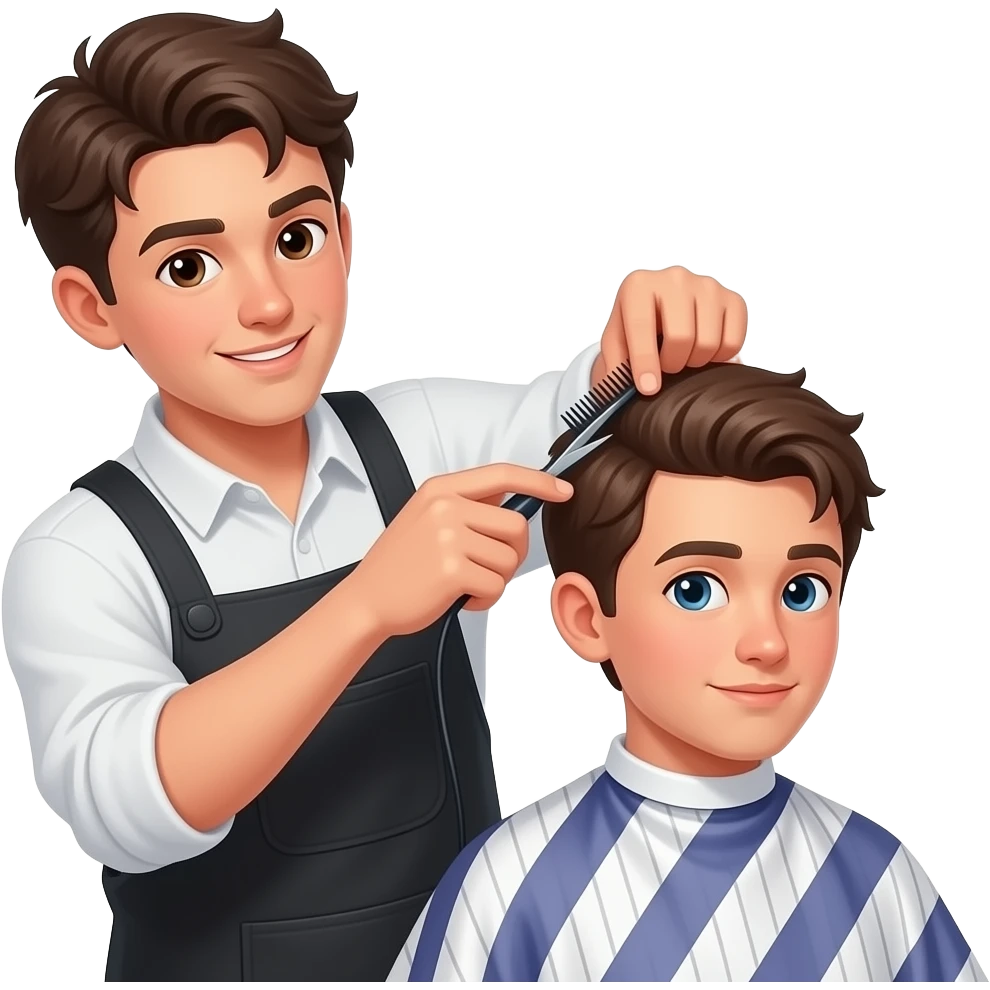 barber cutting a teenager's hair while they talk emoji