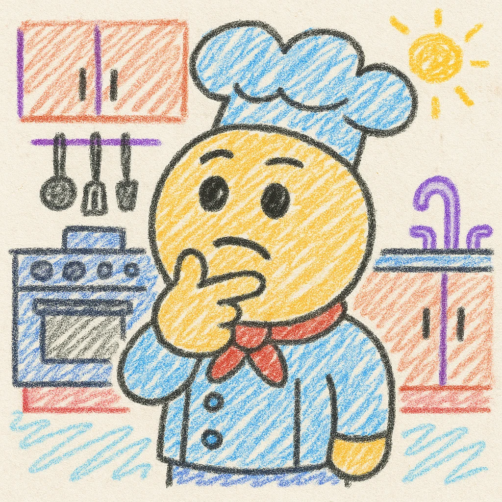Convert to a children's doodle style emoji, cute and round style, thinking expression, simple kitchen background. emoji