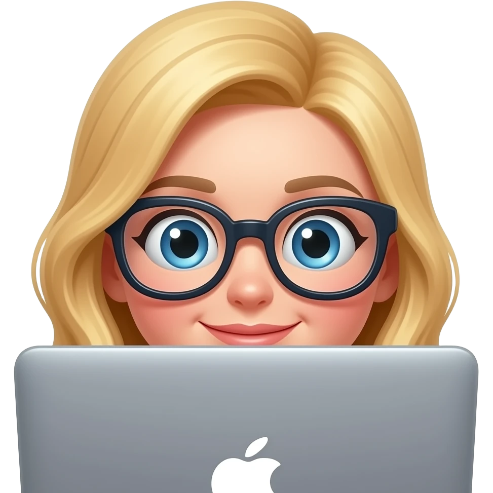 3D emoji-style female character with blode hair and big glasses, eyes wide, peeking over a laptop, emoji
