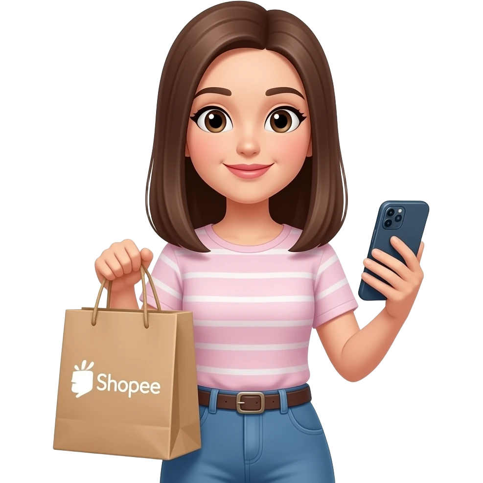 Mulher de cabelo liso castanho make leve segurando uma sacola da shopee e um celular emoji