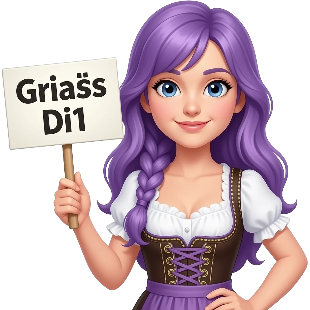 girl with long purple hair wearing a dirndl holding a Griaß Di1 sign emoji