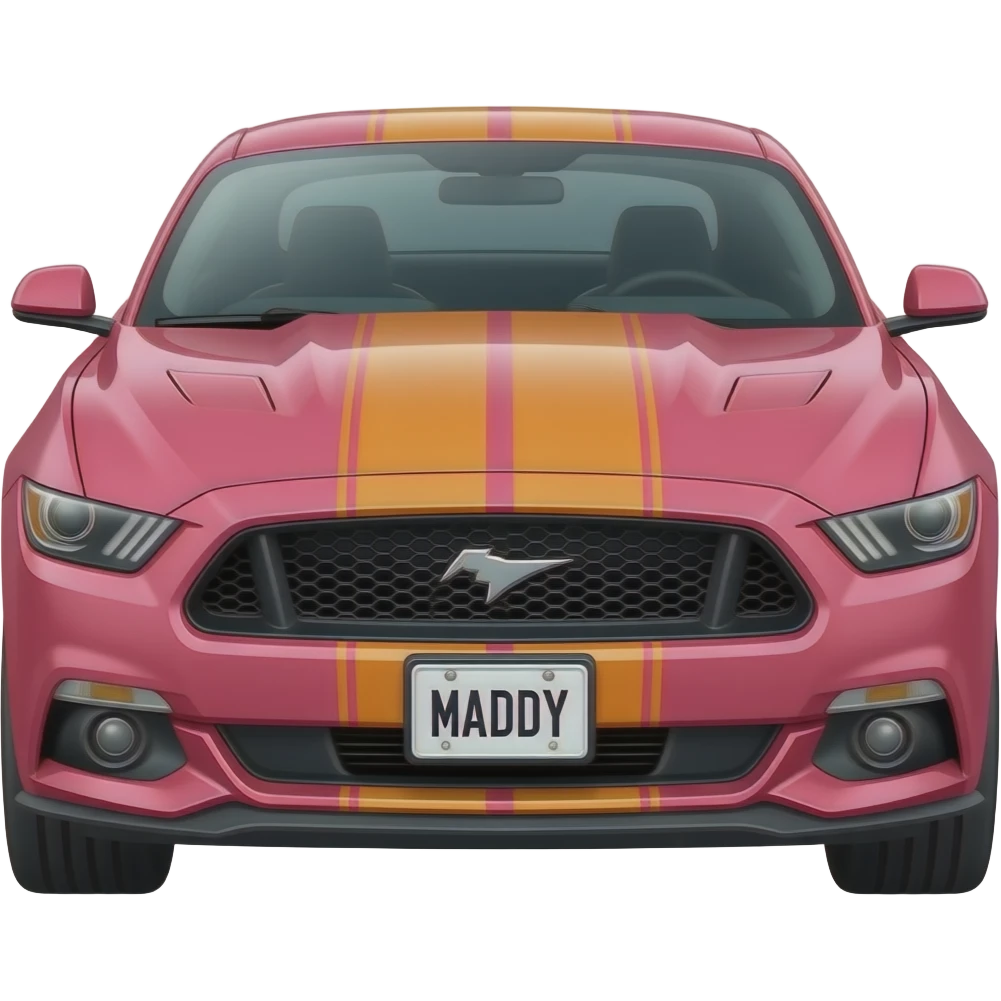 Pink and orange mustang with a license plate that says “Maddy” emoji
